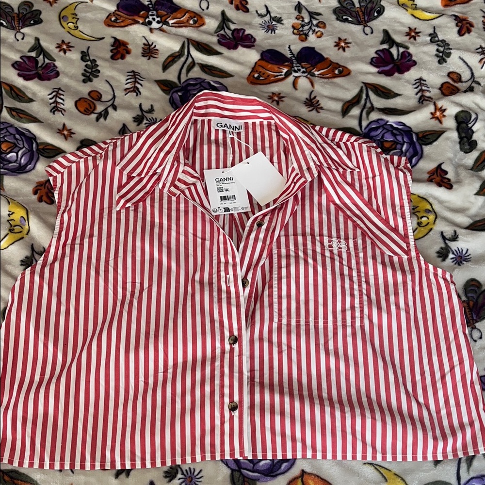 Ganni Red and White Striped Button-Up Top